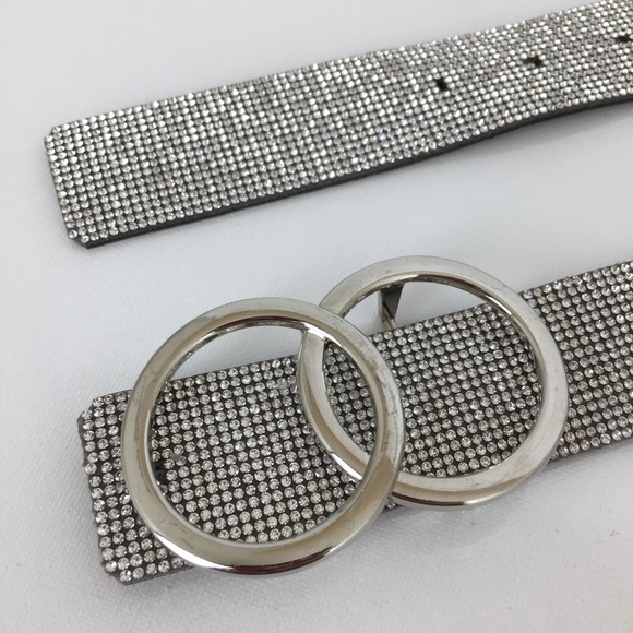 Faux Leather Rhinestone Studded Statement Belt Silver Double Circle Buckle Bling - Picture 4 of 11
